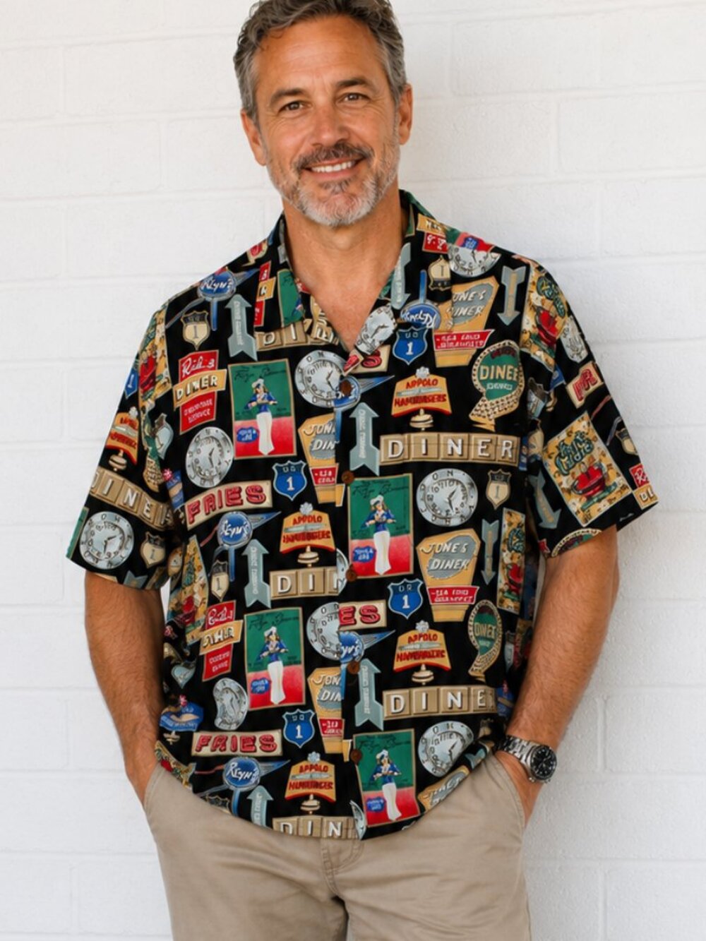 Reyn Spooner Large Vintage 50's Diner Signs Fast Eddie's Spun Rayon Camp Shirt
